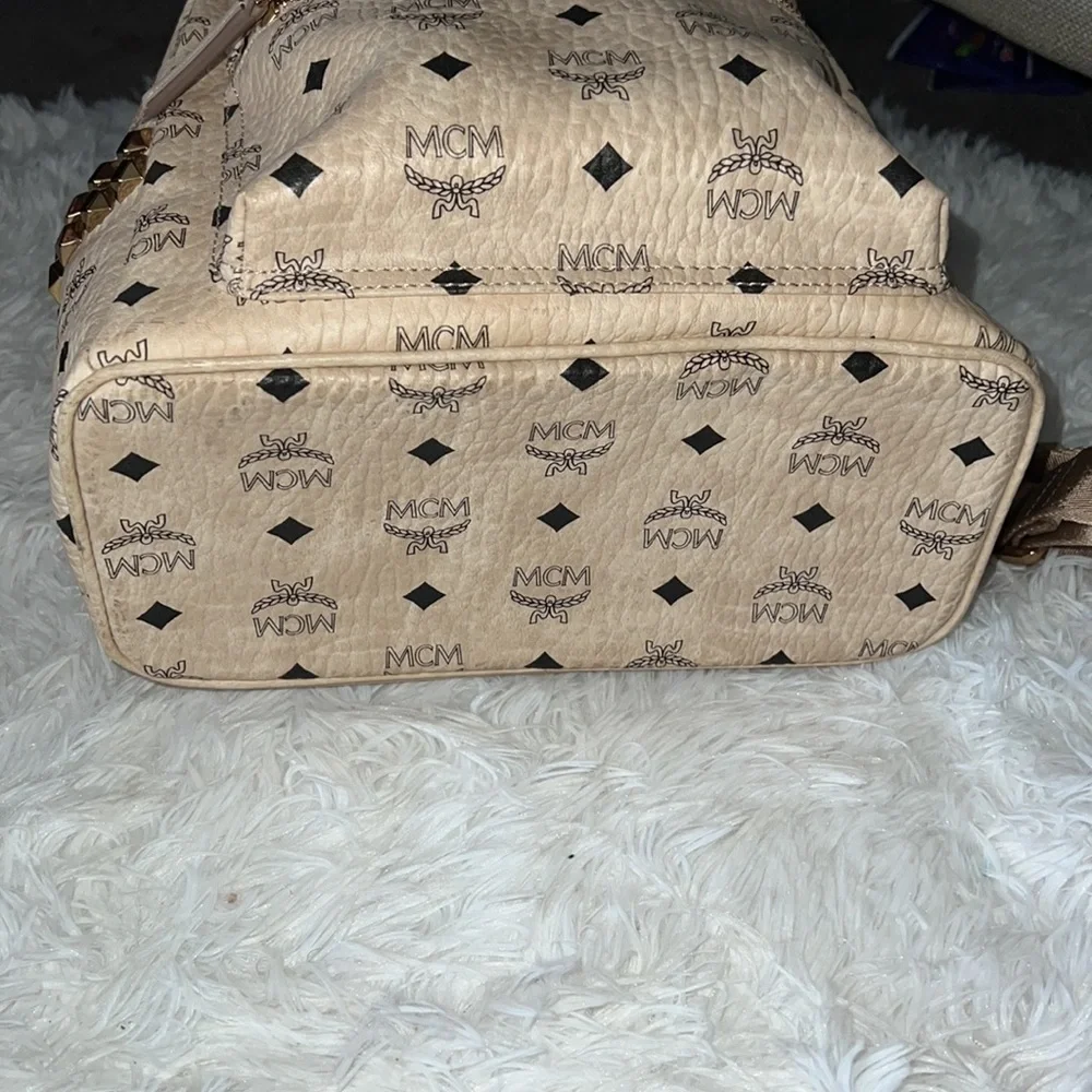 MCM Beige and Black Logo Backpack